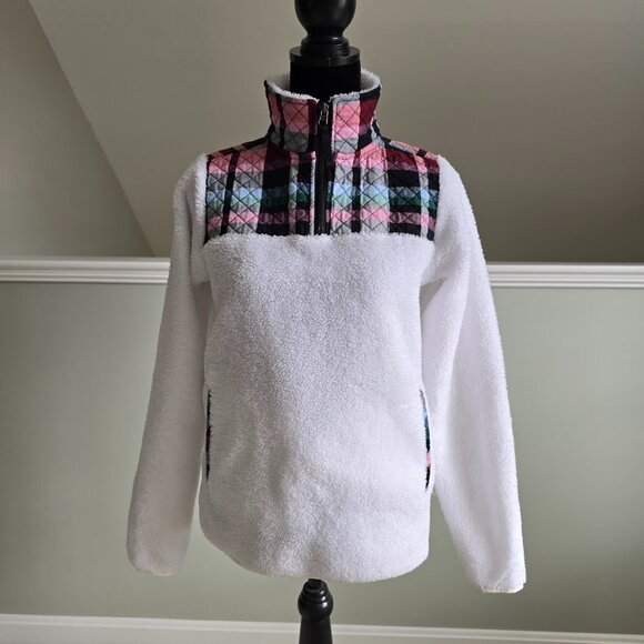 Vera Bradley Tops - Vera Bradley Ribbons Plaid White Fleece 1/4 Zip Pullover Sweater Size Small